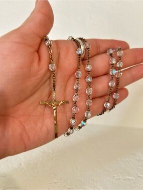 Rose gold Rosary Necklace with Iridescent Beads